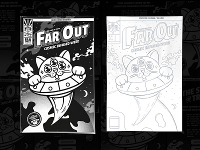 Far Out - Cosmic Infused Weed 🛸🍃 brand identity branding cannabis cartoon cat character design comic comic book drawing graphic design illustration jeffrey dirkse logo logo design mascot monochrome print ufo vector visual identity