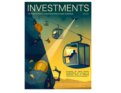 Editorial illustration. Crypto investments article bitcoin charts crypto cryptocurrency dron editorial funicular futuristic illustration investments mining mountain robot tech