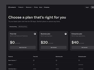 Pricing — Untitled UI dark mode dark ui darkmode plans pricing pricing cards pricing page pricing table ui library web design website design