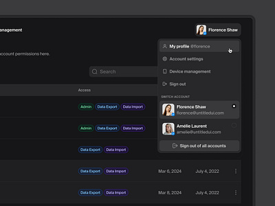 User dropdown — Untitled UI account dropdown account management dark mode dark ui darkmode design system drop down figma menu modal product design table ui ui design user dropdown user interface user management