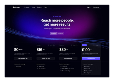 Restream pricing branding design icons illustration interface landing page landing page design marketing site ui user experience user interface ux website design