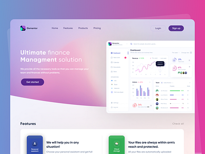 Elementor landing page admin dashboard analytics dashboard app chart clean dashboard finance graph interface landing page product design statistics team management ui ux web design