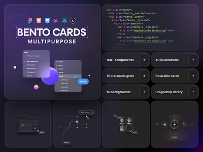 🍱 Bento Cards: Multipurpose – Coded Versions bento bento card bento cards branding clean creative design download free freebie glass illustration illustrations minimal ui ui design ux ux design web app web design