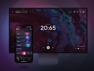 Brain.fm Web + Mobile blur dark theme desktop app focus gradients illustrations interface ios mobile app music music app music player player product design spotify tt norms ui uiux ux web app