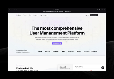 Clerk - The most comprehensive User Management platform animation auth clerk.com design icons illustration interface landing page marketing site ui user experience user interface ux web design website design